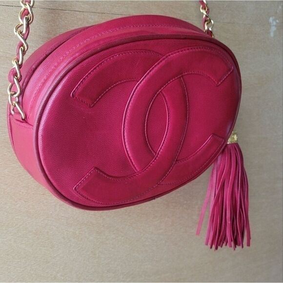 Chanel Red Leather CrossBody Round Oval Mini Small Camera Tassel Bag Purse VTG - Picture 3 of 16